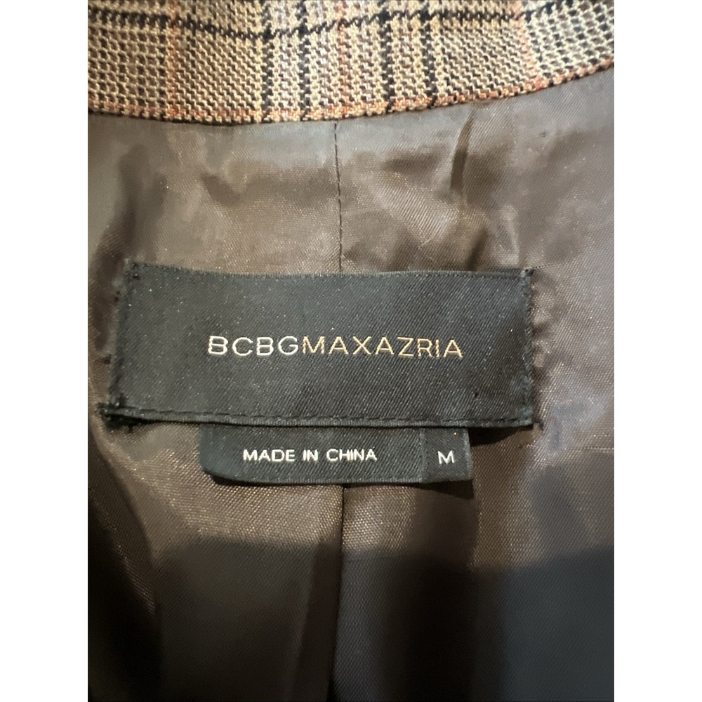 BCBGMaxazria Brown Glen Plaid Blazer Size Medium Wool Preppy Elbow Patches Crop - Picture 5 of 8